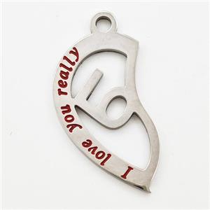 Raw Stainless Steel Split Heart Pendant Enamel LOVE, approx 14-23mm