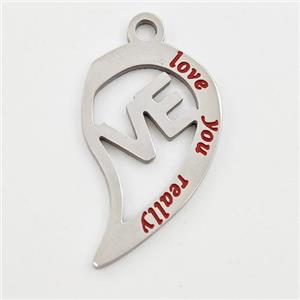 Raw Stainless Steel Split Heart Pendant Enamel LOVE, approx 14-23mm