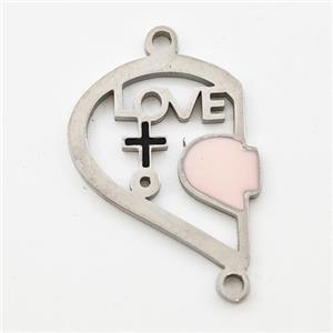 Raw Stainless Steel Split Heart Connector Girl LOVE Pink Enamel, approx 15-18mm