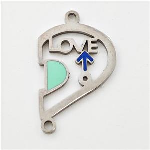 Raw Stainless Steel Split Heart Connector Boy LOVE Green Enamel, approx 15-18mm