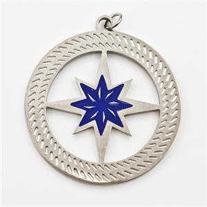 Raw Stainless Steel Compass Pendant Blue Enamel, approx 28mm