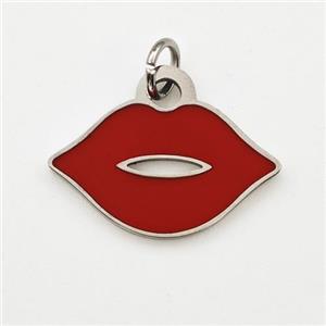 Raw Stainless Steel Lips Pendant Red Enamel, approx 11-18mm