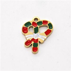 Christmas Candy Cane Charms Stainless Steel Pendant Enamel Gold Plated, approx 10-12mm