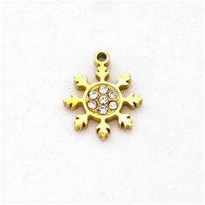 Stainless Steel Snowflake Pendant Micro Pave Rhinestone Gold Plated, approx 9mm