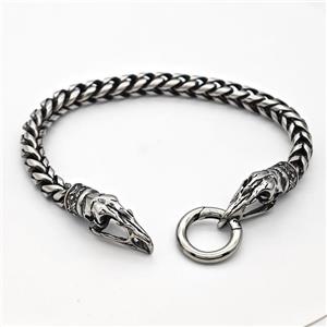 304 Stainless Steel Bracelet Crowhead Antique Silver, approx 9-22mm, 18mm, 6mm, 17cm length