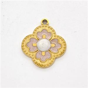 Stainless Steel Clover Pendant Pink Painted Gold Plated, approx 14.5mm