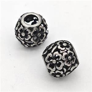 Stainless Steel Round Beads Hollow Large Hole Antique Silver Flower, approx 9-10mm, 4mm hole