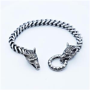 304 Stainless Steel Wolf Bracelet Antique Silver, approx 13-25mm, 19mm, 6mm, 17cm length