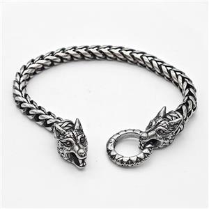 304 Stainless Steel Wolf Bracelet Antique Silver, approx 12-25mm, 19mm, 6mm, 17cm length