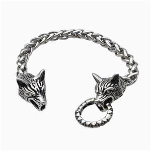 304 Stainless Steel Bracelet Wolf Antique Silver, approx 18-30mm, 8mm, 16cm length