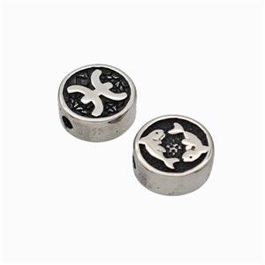 Stainless Steel Coin Beads Zodiac Pisces Antique Silver, approx 10mm