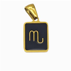 Stainless Steel Symbol Pendant Zodiac Scorpio Black Enamel Rectangle Gold Plated, approx 11-13mm