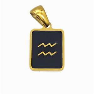 Stainless Steel Symbol Pendant Zodiac Aquarius Black Enamel Rectangle Gold Plated, approx 11-13mm