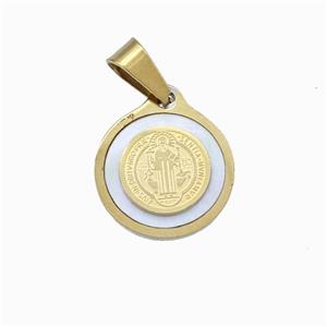 Jesus Charms Stainless Steel Circle Pendant Pave Shell Gold Plated, approx 15mm