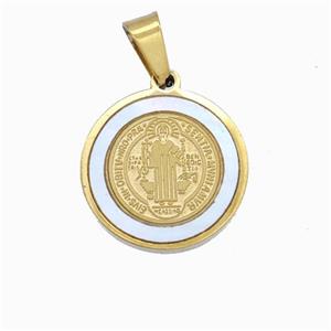 Jesus Charms Stainless Steel Circle Pendant Pave Shell Gold Plated, approx 18mm