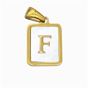 Stainless Steel Rectangle Pendant Pave Shell Letter-F Gold Plated, approx 12-15mm