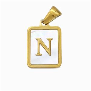 Stainless Steel Rectangle Pendant Pave Shell Letter-N Gold Plated, approx 12-15mm