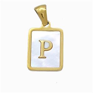 Stainless Steel Rectangle Pendant Pave Shell Letter-P Gold Plated, approx 12-15mm