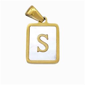 Stainless Steel Rectangle Pendant Pave Shell Letter-S Gold Plated, approx 12-15mm