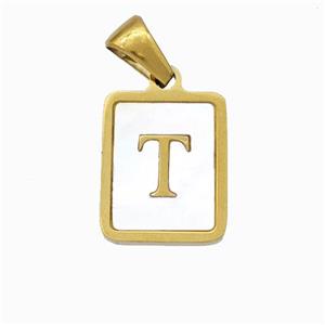 Stainless Steel Rectangle Pendant Pave Shell Letter-T Gold Plated, approx 12-15mm