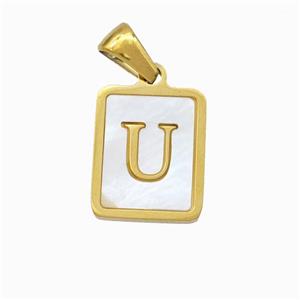 Stainless Steel Rectangle Pendant Pave Shell Letter-U Gold Plated, approx 12-15mm