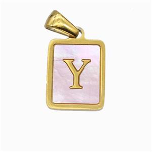 Stainless Steel Rectangle Pendant Pave Pink Shell Letter-Y Gold Plated, approx 12-15mm