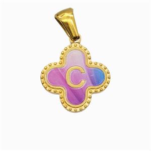 Stainless Steel Clover Pendant Letter-C Painted Gold Plated, approx 15mm