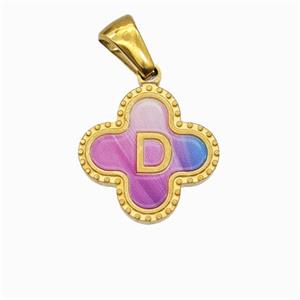 Stainless Steel Clover Pendant Letter-D Painted Gold Plated, approx 15mm