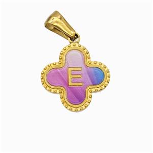 Stainless Steel Clover Pendant Letter-E Painted Gold Plated, approx 15mm