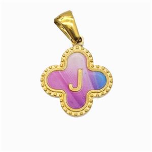 Stainless Steel Clover Pendant Letter-J Painted Gold Plated, approx 15mm