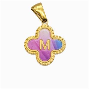 Stainless Steel Clover Pendant Letter-M Painted Gold Plated, approx 15mm