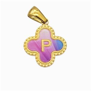 Stainless Steel Clover Pendant Letter-P Painted Gold Plated, approx 15mm