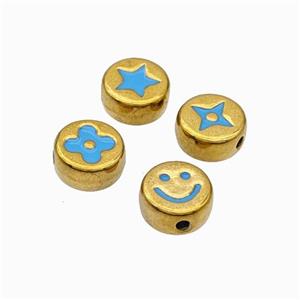 Stainless Steel Symbol Coin Beads Blue Enamel Gold Plated Mixed, approx 8mm