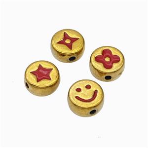 Stainless Steel Symbol Coin Beads Red Enamel Gold Plated Mixed, approx 8mm