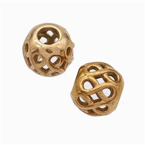 Titanium Steel Round Beads Large Hole Hollow gold plated, approx 9-10mm, 4mm hole