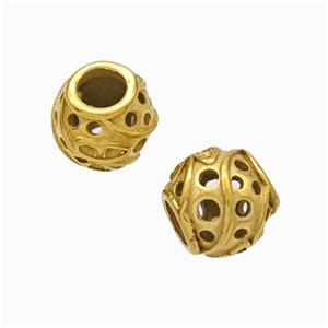 Titanium Steel Round Beads Large Hole Hollow Gold Plated, approx 9-10mm, 4mm hole