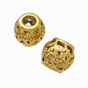 Titanium Steel Round Beads Large Hole Hollow Flower Gold Plated, approx 9-10mm, 4mm hole