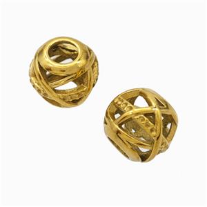 Titanium Steel Round Beads Large Hole Hollow Gold Plated, approx 9-10mm, 4mm hole