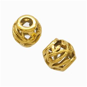 Titanium Steel Barrel Beads Large Hole Hollow Gold Plated, approx 9-10mm, 4mm hole