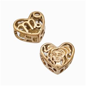 Titanium Steel heart Beads Large Hole Hollow gold plated, approx 12mm, 4mm hole