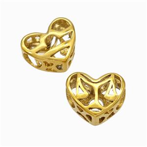 Titanium Steel heart Beads Large Hole Hollow gold plated, approx 12mm, 4mm hole