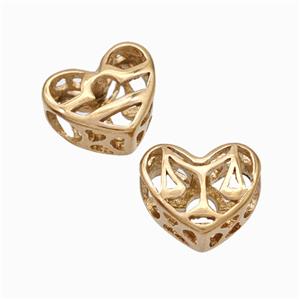 Titanium Steel heart Beads Large Hole Hollow gold plated, approx 12mm, 4mm hole