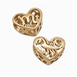 Titanium Steel heart Beads Large Hole Hollow gold plated, approx 12mm, 4mm hole