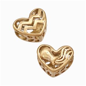 Titanium Steel Heart Beads Zodiac Aquarius Large Hole Hollow Rose Gold, approx 12mm, 4mm hole