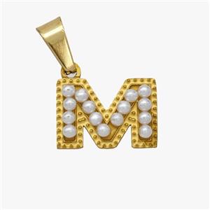 Stainless Steel letter Pendant pave Resin Pearlized Bead, Gold Plated, approx 10-15mm