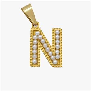 Stainless Steel letter Pendant pave Resin Pearlized Bead, Gold Plated, approx 10-15mm