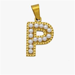 Stainless Steel letter Pendant pave Resin Pearlized Bead, Gold Plated, approx 10-15mm