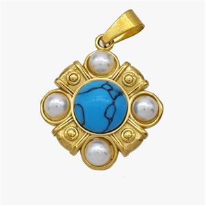 Stainless Steel Pendant pave Turqioise bead, Gold Plated, approx 19mm