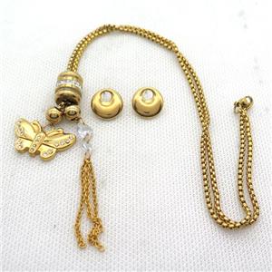 stainless steel necklace and earring, butterfly, gold plated, approx 2.5mm, 18-28mm, 70mm, 15mm dia