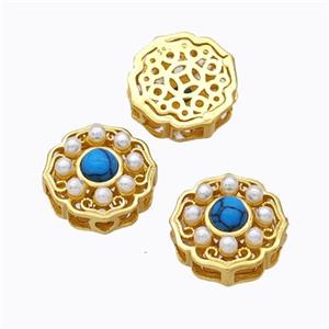 925 Sterling Silver Flower Beads Pave Pearlized Resin Hollow Gold Plated, approx 9mm